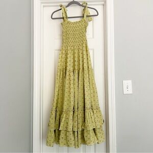 CB Positano Floral Green Tiered Tie Straps Midi Maxi Dress Cottagecore